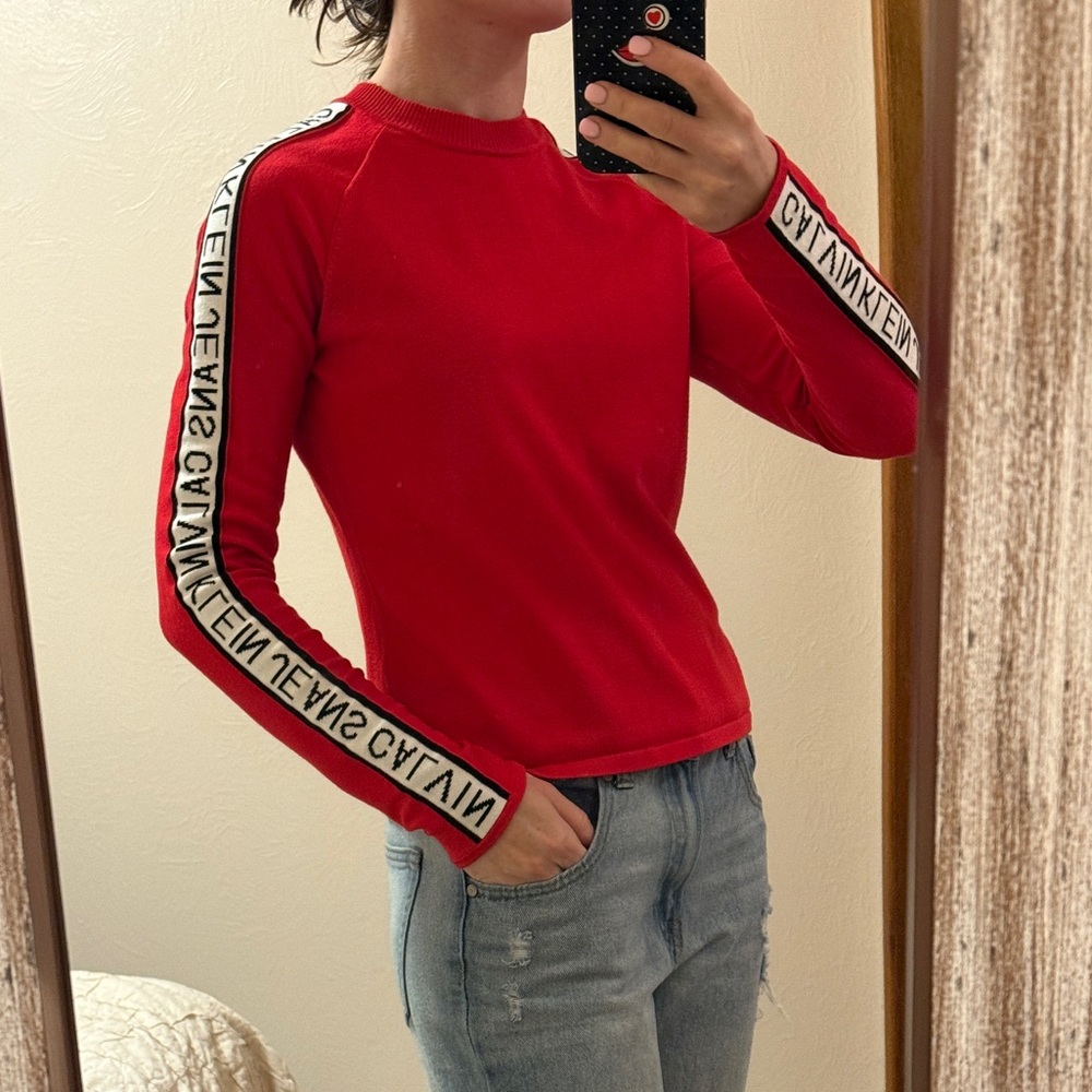 CK Calvin Klein Jeans Women’s Logo Tape Red Ribbed Long Sleeve Sweater Small
